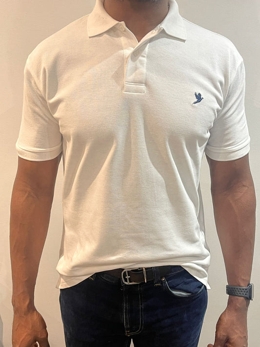 MEN'S CLASSIC POLO SHIRT WHITE WITH EMBROIDERED NAVY PHEASANT INSIGNIA