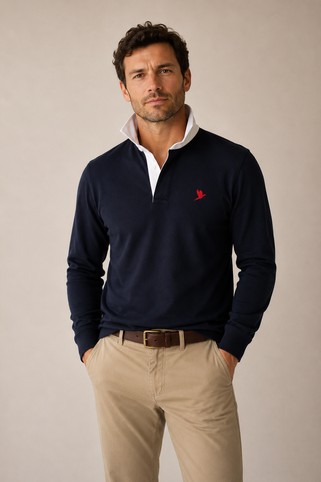 MEN'S RUGBY SHIRT NAVY WITH EMBROIDERED RED PHEASANT INSIGNIA