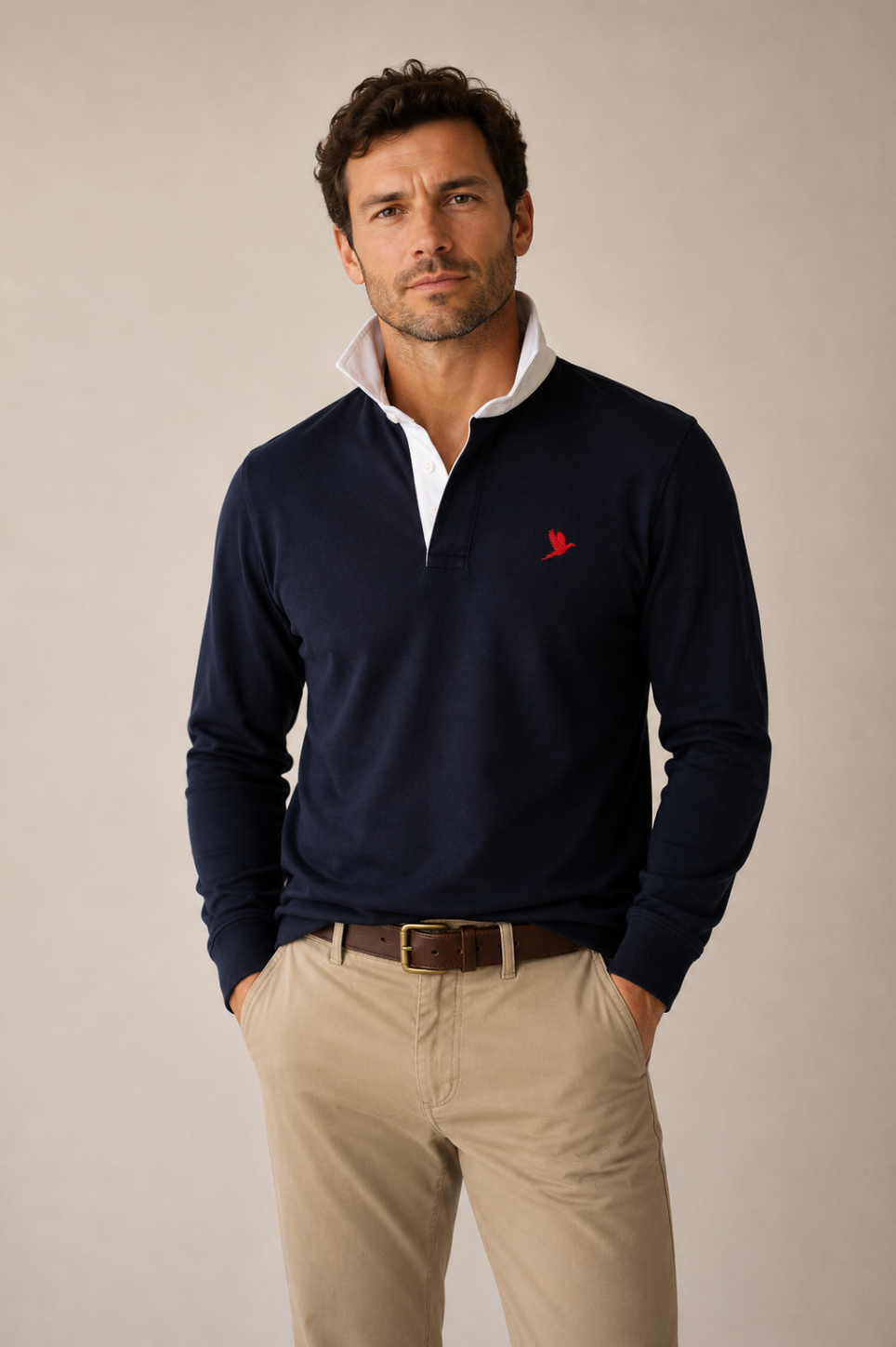 MEN'S RUGBY SHIRT NAVY WITH EMBROIDERED RED PHEASANT INSIGNIA