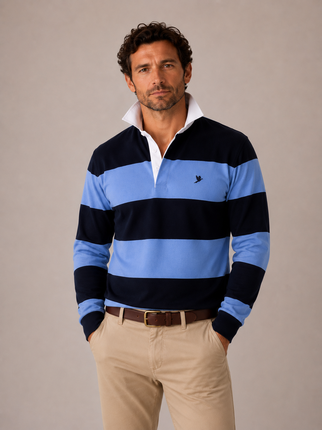 MEN'S RUGBY SHIRT NAVY AND LIGHT BLUE WITH EMBROIDERED NAVY PHEASANT INSIGNIA