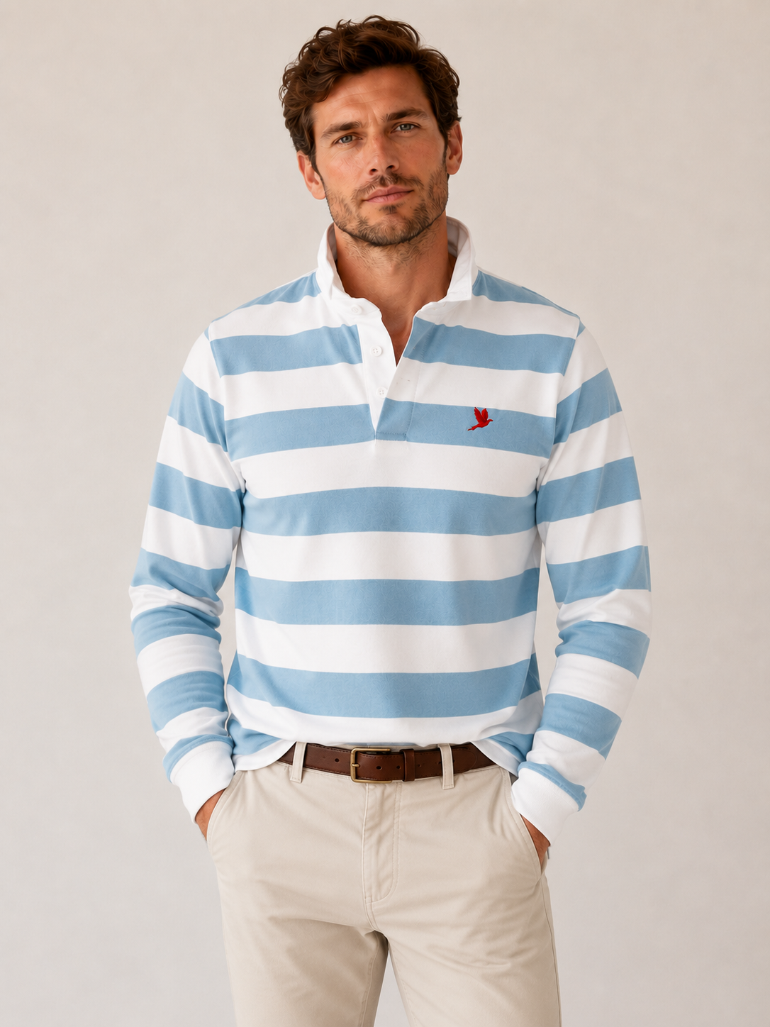 MEN'S RUGBY SHIRT LIGHT BLUE AND WHITE WITH EMBROIDERED RED PHEASANT INSIGNIA