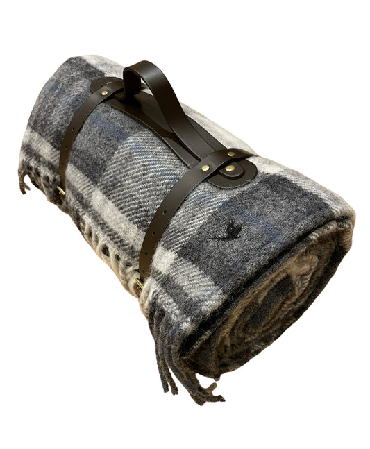 POLO PICNIC BLANKET, COTTAGE GREY WITH BLACK EMBROIDERED PHEASANT INSIGNIA AND LEATHER STRAPS