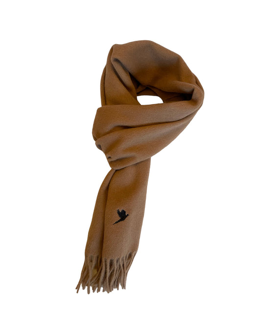 LAMBSWOOL SCARF CAMEL WITH EMBROIDERED NAVY PHEASANT INSIGNIA