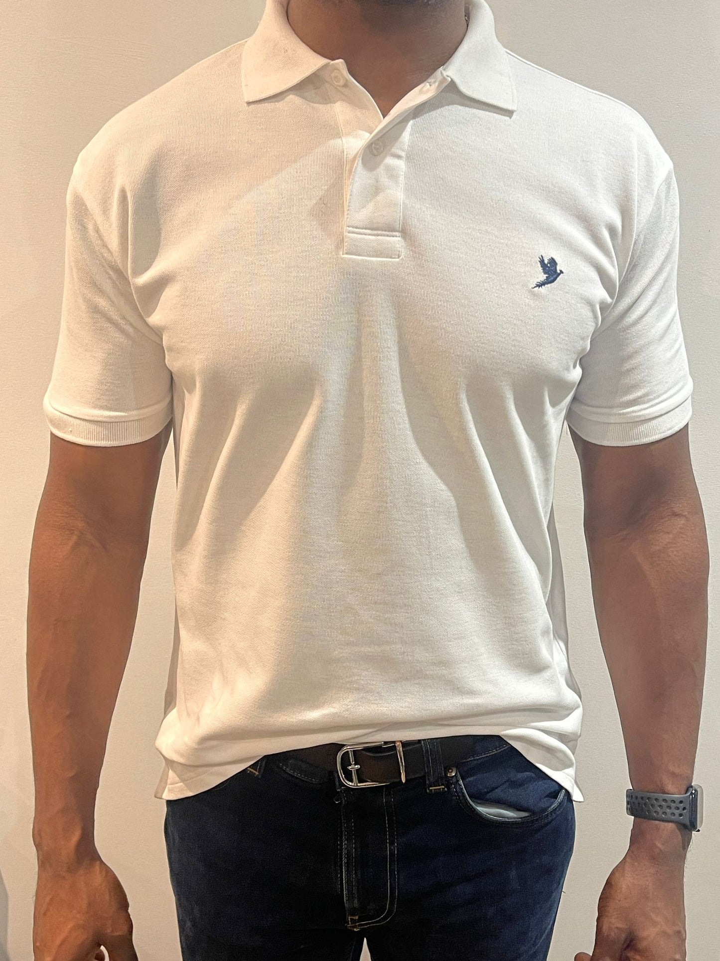 MEN'S CLASSIC POLO SHIRT WHITE WITH EMBROIDERED NAVY PHEASANT INSIGNIA