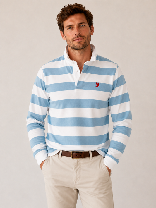 MEN'S RUGBY SHIRT LIGHT BLUE AND WHITE WITH EMBROIDERED RED PHEASANT INSIGNIA