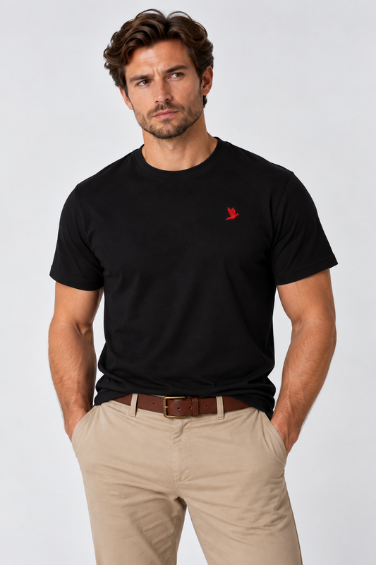Men's black T-shirt with red embroidered pheasant