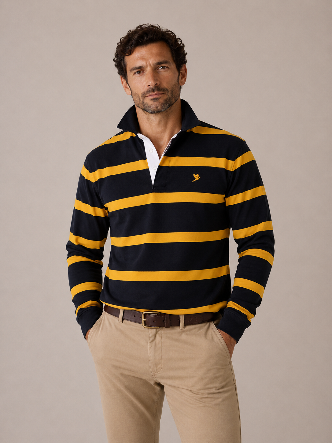 MEN'S RUGBY SHIRT NAVY AND GOLD WITH EMBROIDERED GOLD PHEASANT INSIGNIA