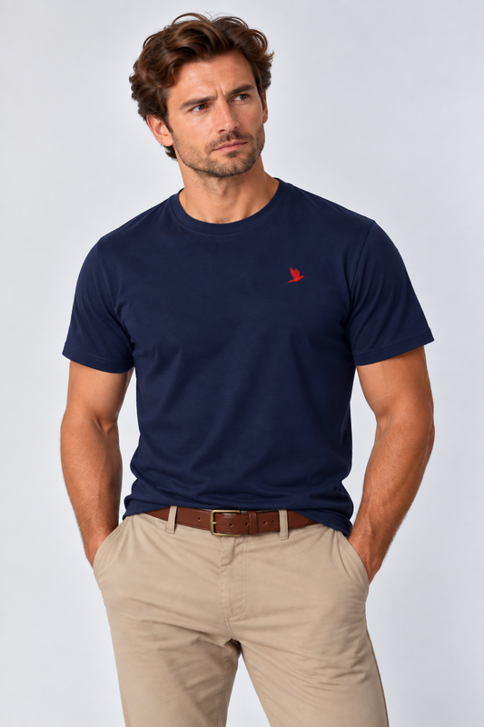 Men's navy T-shirt with red embroidered pheasant