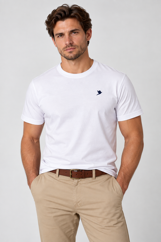 Men's white T-shirt with navy embroidered pheasant