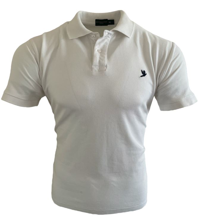 MEN'S CLASSIC POLO SHIRT WHITE WITH EMBROIDERED NAVY PHEASANT INSIGNIA